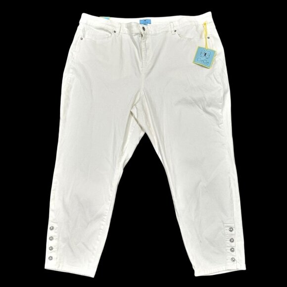 NEW CeCe Classic Skinny White Denim Ankle Jean 24W Faux Pearl Rhinestone Buttons - Picture 1 of 10